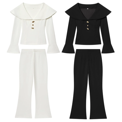 Top Da Donna Con Scollo A V E Revers E Pantaloni A Campana Poliestere Vestibilità Aderente Ufficio Elegante Maniche Lunghe Volant Bottoni Dorati