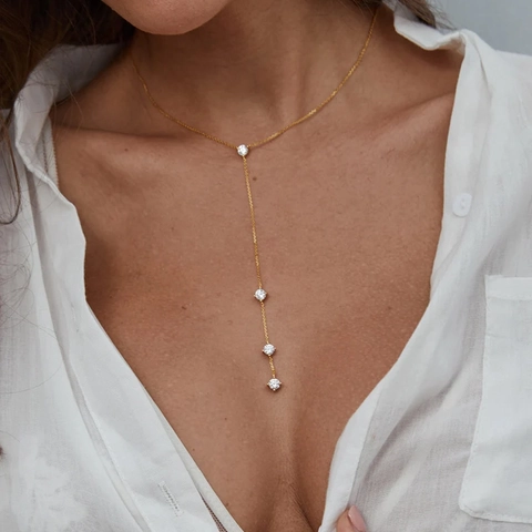 Collana Lariat a Forma di Y da Donna in Lega di Rame con Zirconia Pavé di Strass Nappa Collana Elegante per Festa Serale Gioielli