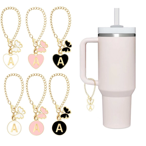 Zinc Alloy Golden Chain Cup Handle Letter Pendant Enamel Heart Butterfly Keychain For Backpack Water Bottle Accessory Women Gift