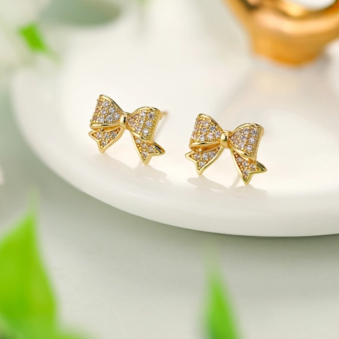 Shiny Full Zirconia Bowknot Stud Earrings With 925 Sterling Silver Earring Post Copper Plated 14K Gold Elegant Jewelry For Women Daily Wear Accessory