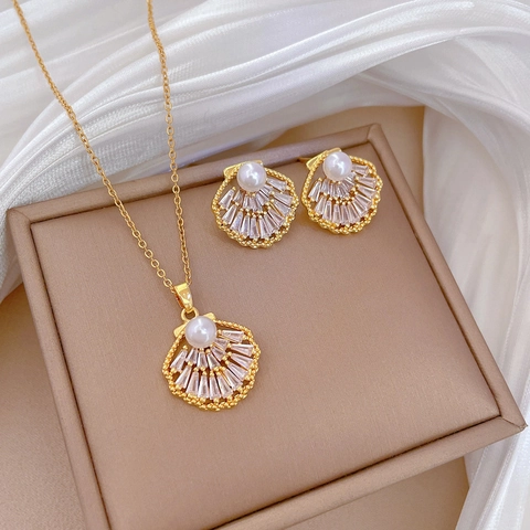 Shell Artificial Pearl Zircon Necklace Earring Set Stainless Steel Copper Jewelry Hollow Elegant Aesthetic Accessory Women