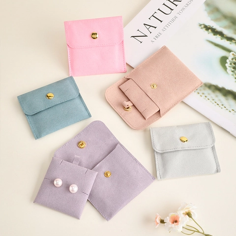 Jewelry Packaging Pouch Velvet PU Leather Snap Button Small Gift Bags Microfiber Storage Organizers Portable Mini Envelope Style