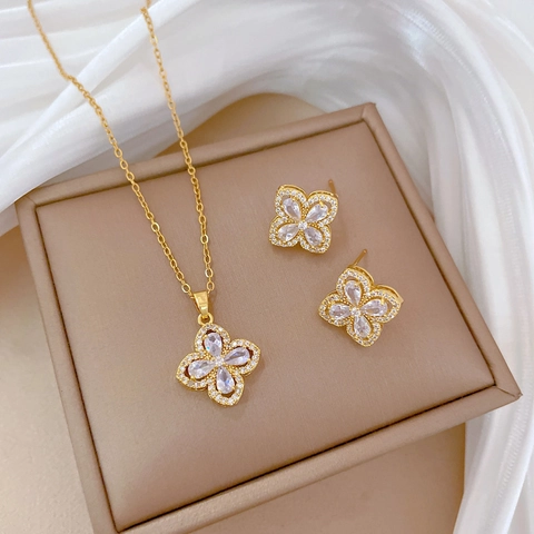 Four-Leaf Clover Necklace And Stud Earrings Zircon Rhinestone Copper Gold Plated With Silver Earring Post Women Elegant