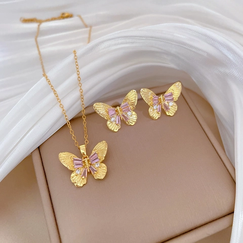Vlinder Hanger Ketting En Oorbellen Met Zilveren Oorsteker Titanium Staal Koperen Sieraden Elegant Banket Voor Dames