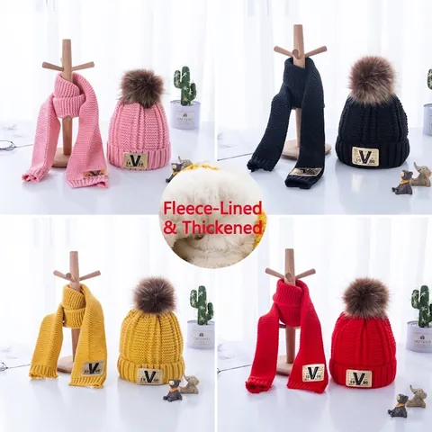Conjunto De Gorro Y Bufanda De Punto De Invierno Para Niños Forro Polar Gorro Cálido Con Pompon De Piel Artificial Para Niños Niñas