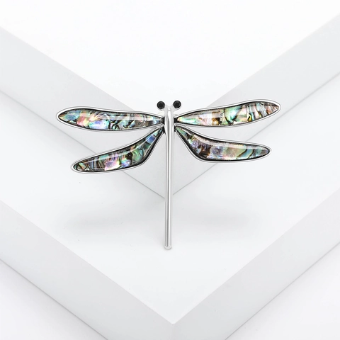 Vintage Dragonfly Brooch For Women Abalone Shell Inlaid Alloy Silver Tone Animal Lapel Pin Suit Accessories Jewelry Gift