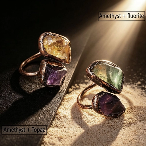 Natural Amethyst Green Fluorite Citrine Rough Gemstone Adjustable Open Ring Vintage Antique Bronze Bohemian Jewelry