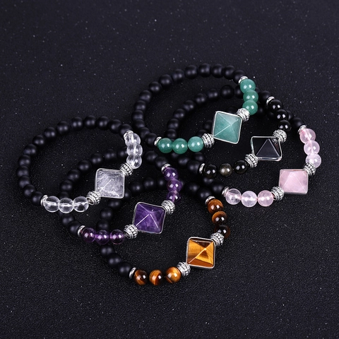 Bracciale di Perline in Pietra Naturale Ametista Occhio di Tigre Piramide Per Uomo Donna Accessori in Acciaio Inossidabile Agata Nera Opaca Gioielli