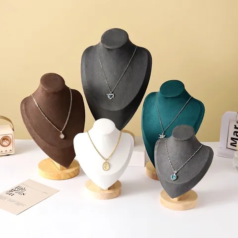 Solid Wood Necklace Display Stand Jewelry Bust Holder Velvet Leather Pendant Show Rack Organizer For Shop Professional Use