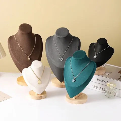 Solid Wood Necklace Display Stand Jewelry Bust Holder Velvet Leather Pendant Show Rack Organizer For Shop Professional Use