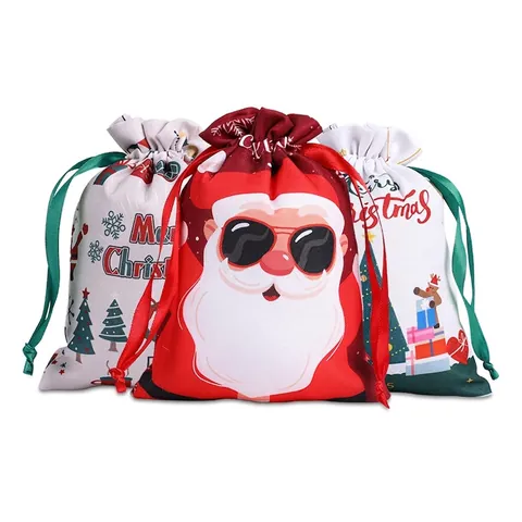 Christmas Drawstring Gift Bags Fabric Velvet Canvas Candy Pouch For Holiday Party Favor Festive Classic Patterns Elegant