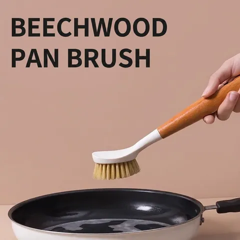 Spazzola da Cucina in Legno di Faggio con Manico Lungo per Lavare Piatti Pulizia Pentole Scrubber con Corda Pendente Utensile Casa