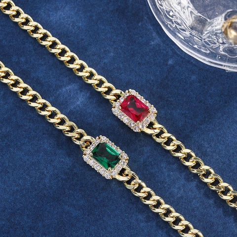 Luxury Gold Plated Copper Rectangular Emerald Green Ruby Red Gemstone Cuban Link Bracelet With Rhinestone For Women
