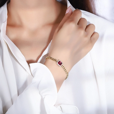 Luxury Gold Plated Copper Rectangular Emerald Green Ruby Red Gemstone Cuban Link Bracelet With Rhinestone For Women