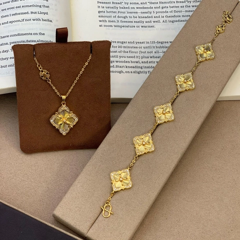 Luxe 24K Verguld Koper Laser Klavertje Vier Halsketting En Armband Vintage Franse Paleisstijl Sieraden Voor Vrouwen