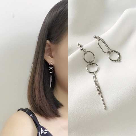 925 Sterling Silver Asymmetric Circle Long Tassel Drop Earrings For Women Minimalist Korean Style Geometric Fashion Jewelry