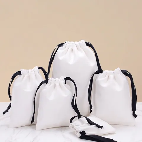 Drawstring Storage Bags Polyester Cotton Canvas Pouches For Jewelry Gift Packaging White With Black Ribbon Durable Pouches