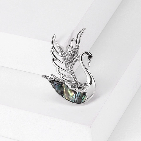 Eleganter Schwan Brosche Für Damen Mit Abalone-Muschel Und Strass Eingelegter Legierung Silberfarbener Modeschmuck Anstecknadel