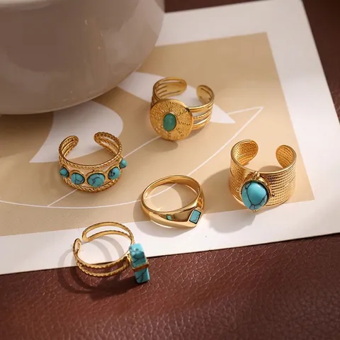 Vintage Türkis Edelstahl Ring Für Damen Vergoldet Bohemien Geometrisch Offen Verstellbar Mode Schmuck Fingerband