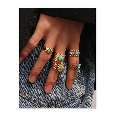 Vintage Türkis Edelstahl Ring Für Damen Vergoldet Bohemien Geometrisch Offen Verstellbar Mode Schmuck Fingerband