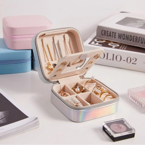 Portable Square PU Leather Jewelry Box With Mirror Zipper Closure Large Capacity Earring Ring Necklace Storage Organizer