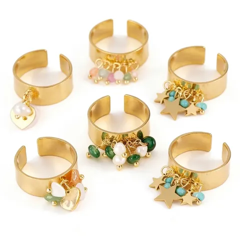 Anello Aperto Bohemien in Acciaio Inossidabile per Donna Anello Regolabile a Fascia Larga Con Pendente Stella Perla Artificial Pietra