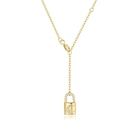 Collar con Colgante de Candado de Estrella y Luna de Plata de Ley 925 Chapado en Oro para Mujer Joyería de Moda con Zirconia