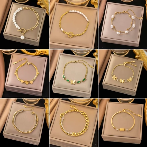 Bracelet Double Couche en Acier Inoxydable Muguet pour Femmes Plaqué Or Künstliche Perle Zircon Cœur Papillon Bijoux de Poignet