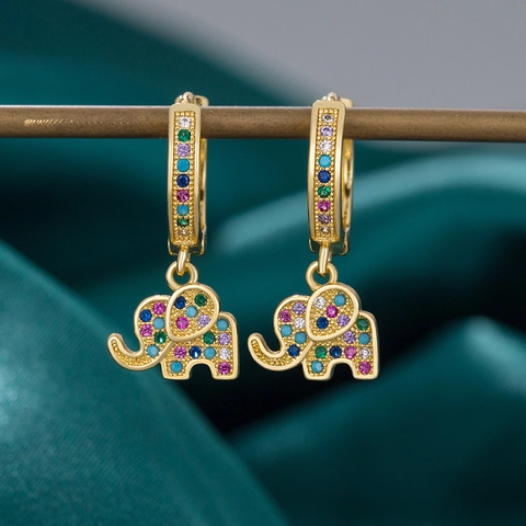 Elephant Drop Earrings Gold Plated Copper With Colorful Cubic Zirconia Vintage Animal Hoop Jewelry For Women