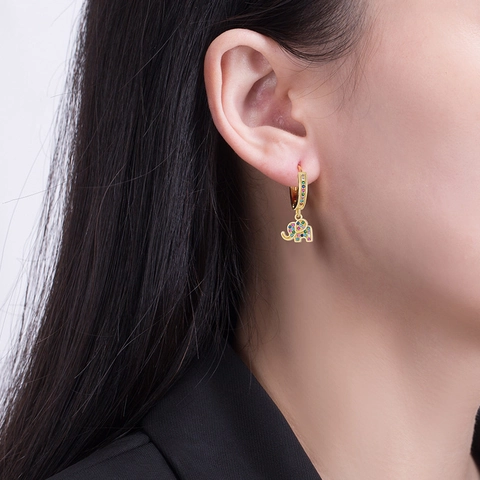 Elephant Drop Earrings Gold Plated Copper With Colorful Cubic Zirconia Vintage Animal Hoop Jewelry For Women