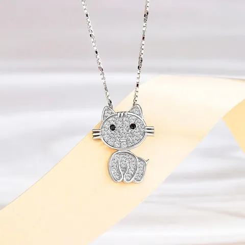 Lindo Collar con Colgante de Gato de Plata de Ley 925 con Zirconia Brillante Elegante Cadena de Caja Joyería de Animales Regalo