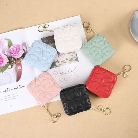 Mini Astuccio per Rossetto in Pelle di Vacchetta Trapuntata a Stella Con Specchio Portamonete Portatile Gancio in Metallo Borsa Cosmetica Donna