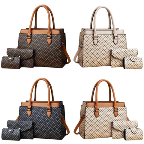 Luxury PU Leather Geometric Lattice Women Bag Set Tote Handbag Envelope Clutch And Card Holder Large Capacity Daily Shoulder Bag