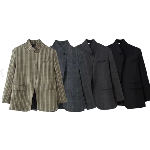 Damen Karo Blazer Jacke Stehkragen Asymmetrisch Geknöpft Langarm Lässig Schick Tasche Büro Dame Oberbekleidung