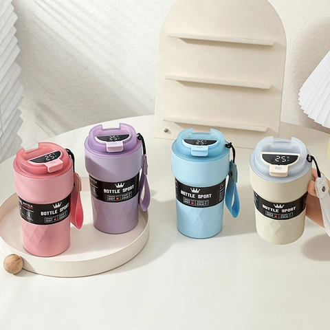 Insulated Coffee Cup Stainless Steel Travel Mug With Temperature Display Diamond Texture Portable Vacuum Thermos For Car Office