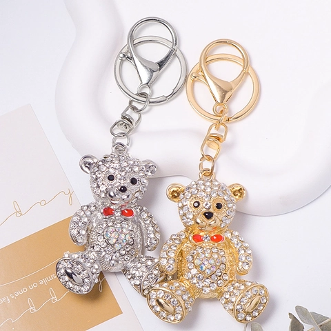 Sparkling Rhinestone Bear Keychain With Large Faux Artificial Pearl Alloy Metal Key Ring Bag Pendant Decoration For Women