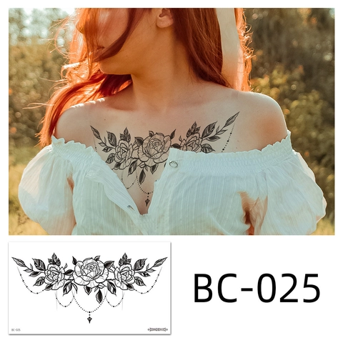 Pegatina de Tatuaje Temporal Impermeable Minimalista Blanco y Negro Floral Esternón Arte Corporal Calcomanía Moda Falso Tatuaje
