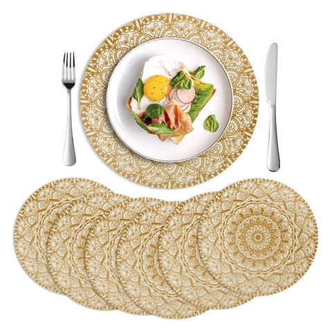 Round Linen Blend Placemat Mandala Printed Heat Resistant Washable Table Mat Bohemian Style Dining Room Home Table Decoration