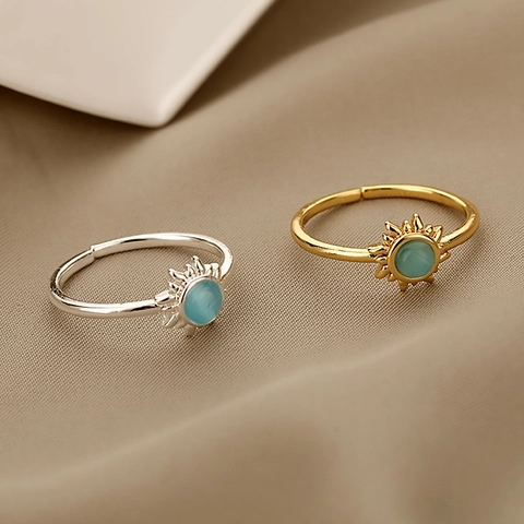 Anello Aperto in Rame Vintage Girasole Occhio di Gatto Placcato Oro Argento Raggio di Sole Regolabile Gioielleria Bohemienne Per Donna