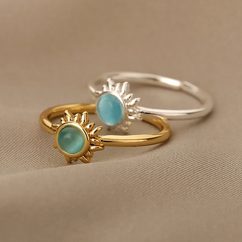 Anello Aperto in Rame Vintage Girasole Occhio di Gatto Placcato Oro Argento Raggio di Sole Regolabile Gioielleria Bohemienne Per Donna