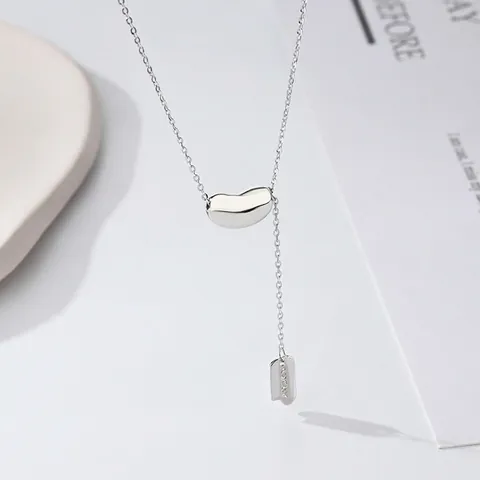 925 Sterling Silver Bean Pendant Necklace For Women Minimalist Lucky Square Plate Adjustable Chain Fashion Jewelry Gift
