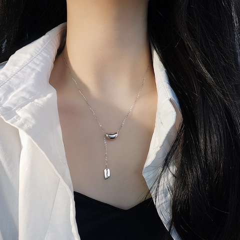 925 Sterling Silver Bean Pendant Necklace For Women Minimalist Lucky Square Plate Adjustable Chain Fashion Jewelry Gift