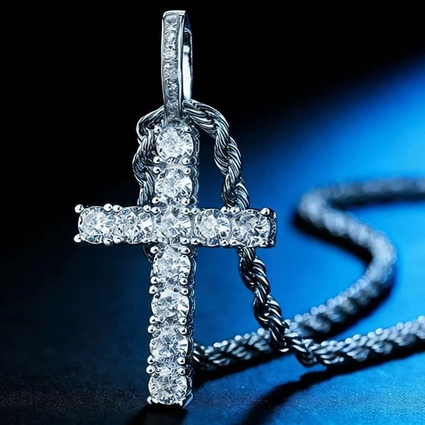 Collana con Ciondolo a Croce Hip Hop per Uomo Donna Strass Rame Placcato Oro Argento Gioielli Catena a Corda in Acciaio Inossidabile Accessorio
