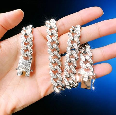 Collier Bracelet À Maille Cubaine Hip Hop Alliage De Zinc Avec Strass Fermoir Boîte Mode De Rue Hommes Unisexe