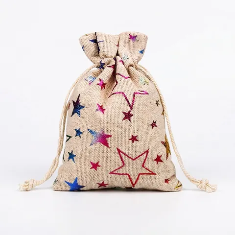 Christmas Drawstring Gift Bags Linen Burlap Candy Pouch Santa Reindeer Snowflake Pattern Holiday Party Favor Packaging
