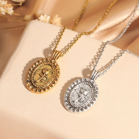Vintage Rose Blume Relief Oval Anhänger Halskette Gold Silber Plattiert Kupfer Kette Choker Für Damen Elegant Schmuck Geschenk
