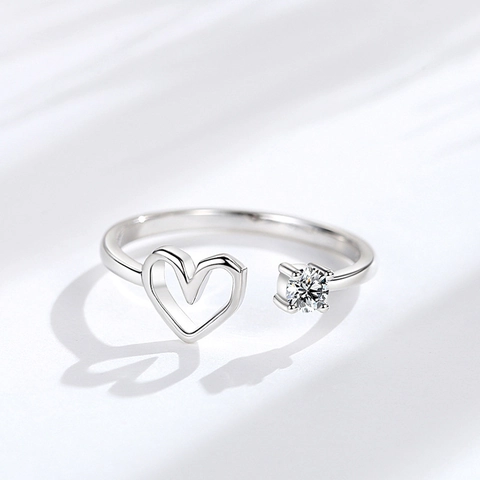 S925 Sterling Silver Hollow Heart Open Ring For Women Adjustable Geometric Zirconia Finger Ring Korean Style Jewelry Gift