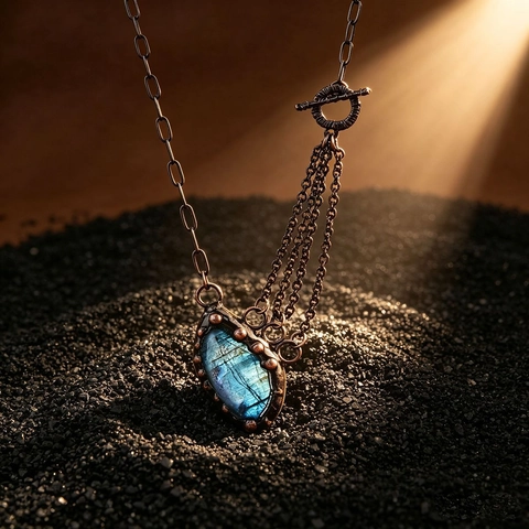 Natural Labradorite Pendant Necklace Vintage Antique Copper Multi Layer Chain Tassel Bohemian Jewelry For Women