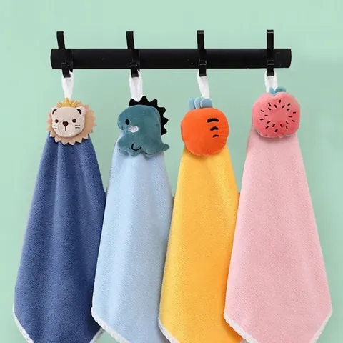 Hanging Hand Towel Cartoon Animal Fruit Shape Coral Fleece High Absorbent Soft Microfiber Bathroom Kitchen Washcloth