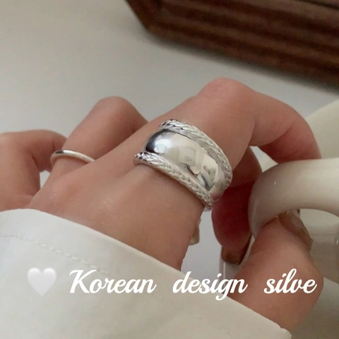 925 Sterling Silver Ring For Women Korean Style Braided Wheat Ear Twist Wide Band Polished Adjustable Open Finger Ring